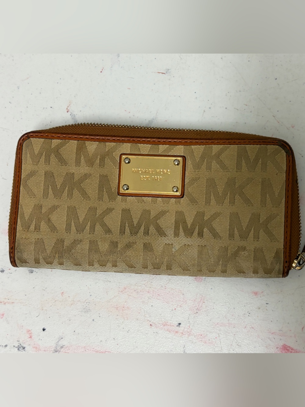 Michael Kors Beige Monogram Canvas Wallet with Gold Plate
